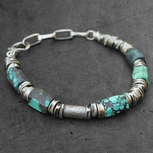 Veined Turquoise & Oxidised Sterling Silver Bracelet