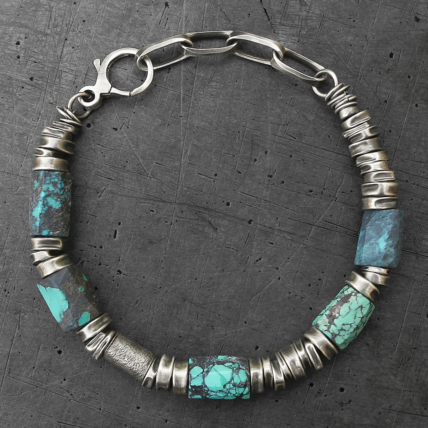 Veined Turquoise & Oxidised Sterling Silver Bracelet