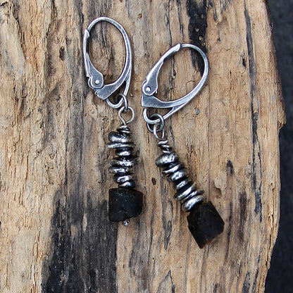 Brown Raw Baltic Amber & Oxidised Fine Silver Dangle Earrings