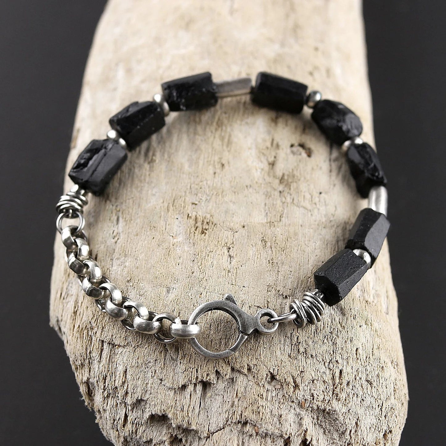 Black Raw Tourmaline & Oxidised 925 Silver Bracelet