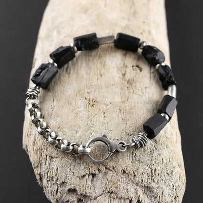 Black Raw Tourmaline & Oxidised 925 Silver Bracelet