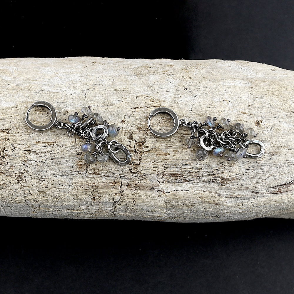 Labradorite & Oxidised Fine Silver Hammered Circles Dangle Earrings