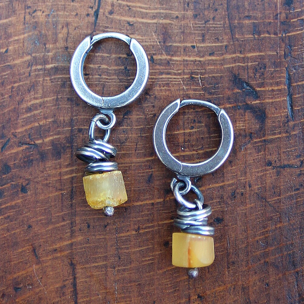 Yellow Baltic Amber & 925 Silver Hoop Earrings