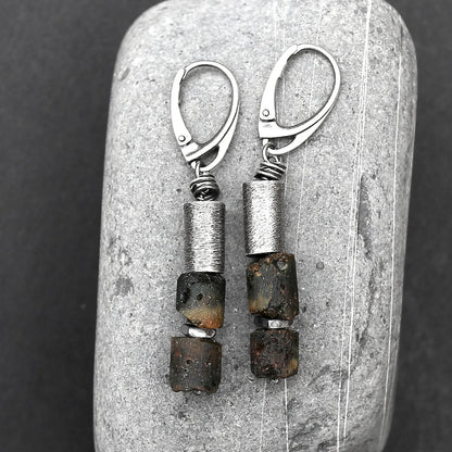 Dark Amber, Sterling Silver & Brushed Tube Dangle Earrings