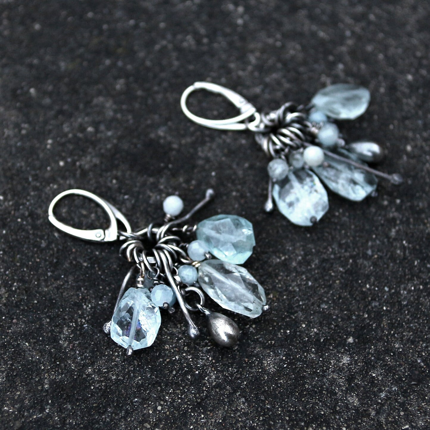 Pale Blue Aquamaine & Oxidised Sterling Silver Dangle Earrings