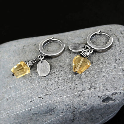 Citrine & 925 Silver Oval Disc Hoop Drop Earrings