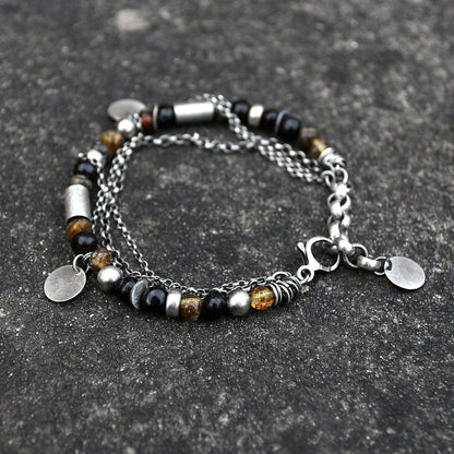 Dark Amber Multi Chain & Disc Sterling Silver Bracelet