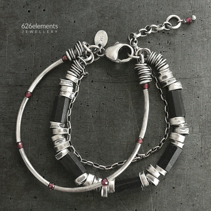Black Tourmaline, Red Garnet & 925 Silver Multi-Layered Bracelet