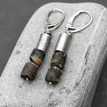 Dark Amber, Sterling Silver & Brushed Tube Dangle Earrings