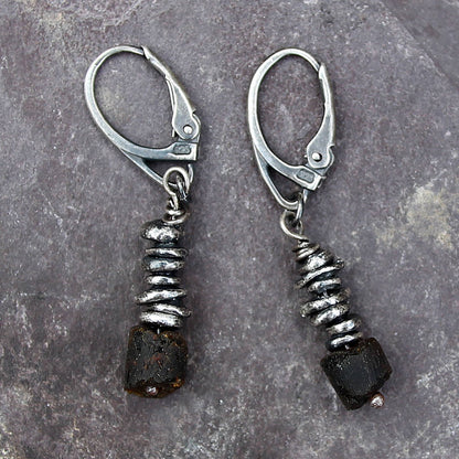 Brown Raw Baltic Amber & Oxidised Fine Silver Dangle Earrings