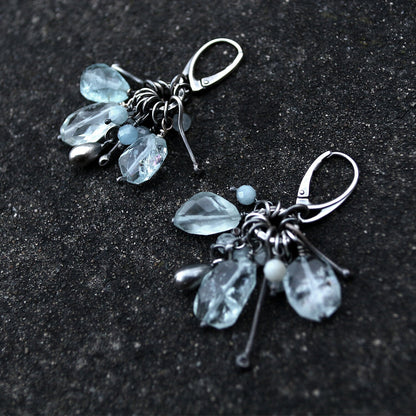 Pale Blue Aquamaine & Oxidised Sterling Silver Dangle Earrings