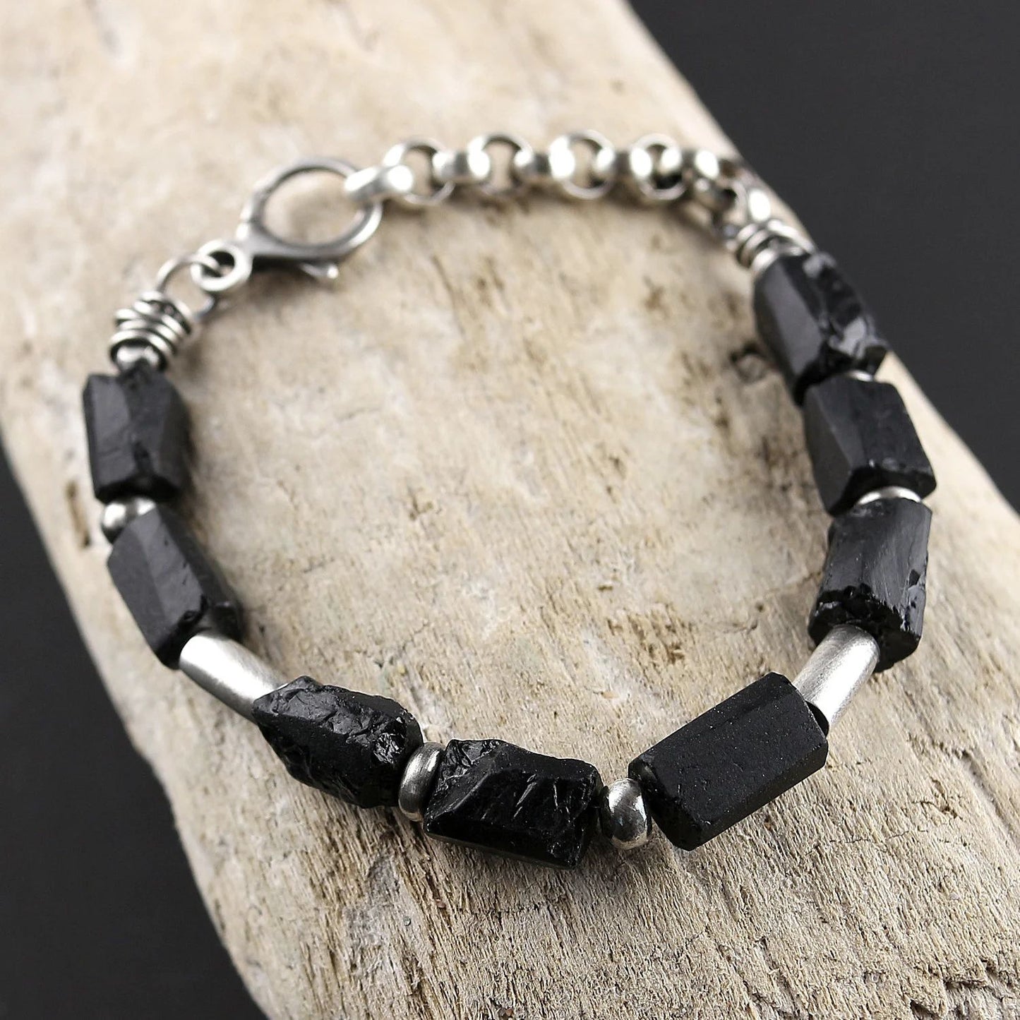 Black Raw Tourmaline & Oxidised 925 Silver Bracelet