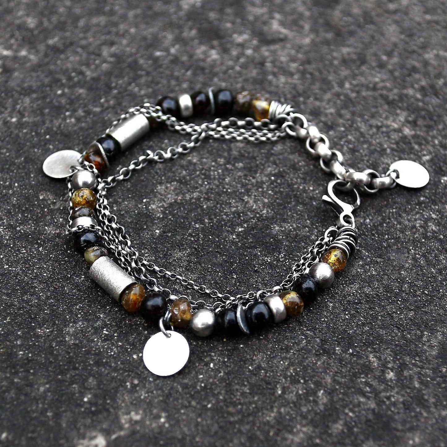 Dark Amber Multi Chain & Disc Sterling Silver Bracelet