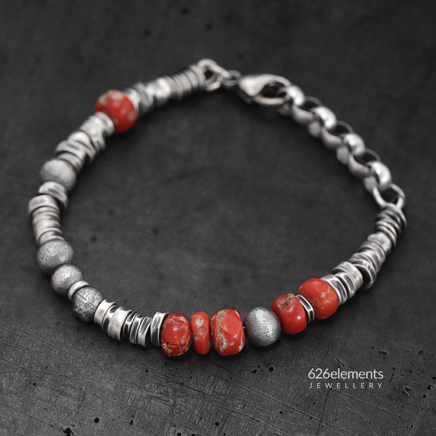 Men's Red Coral and Sterling Silver Bracelet