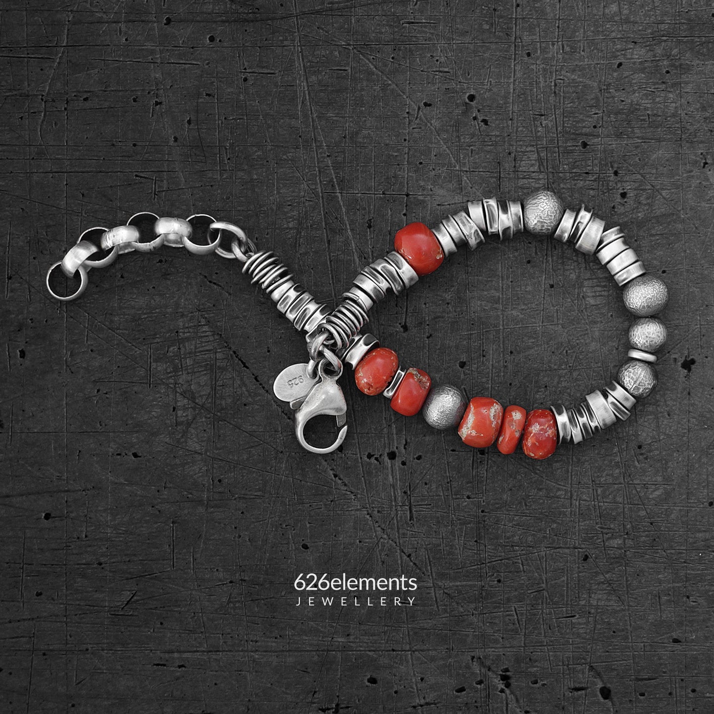 Men's Red Coral and Sterling Silver Bracelet