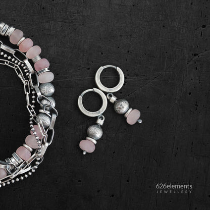 Dusky Pink Rose Quartz & Oxidised 925 Silver Earrings