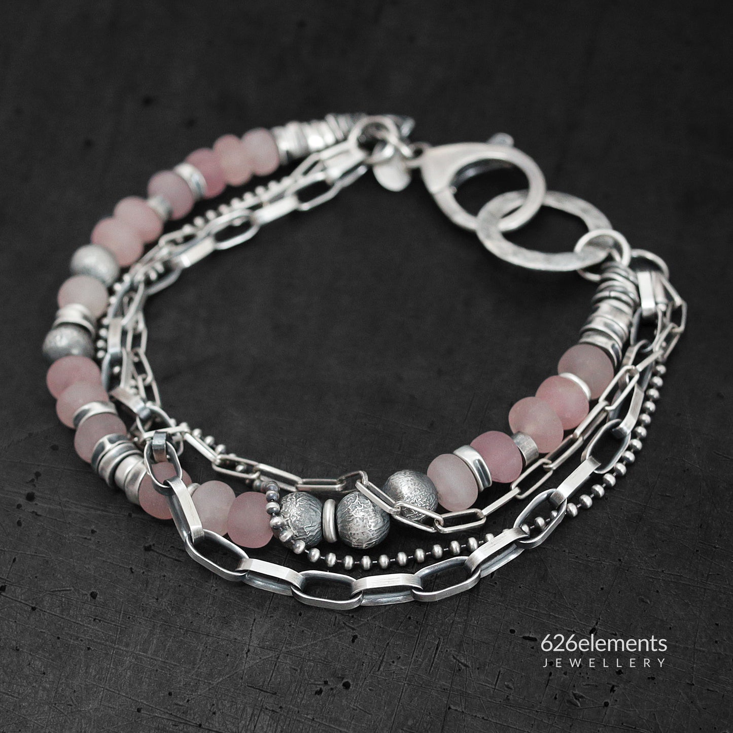 Dusky Pink Rose Quartz & Oxidised 925 Silver Bracelet