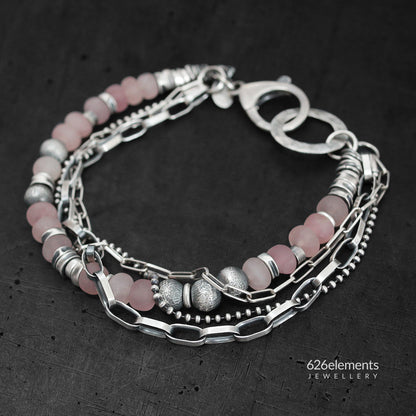 Dusky Pink Rose Quartz & Oxidised 925 Silver Bracelet