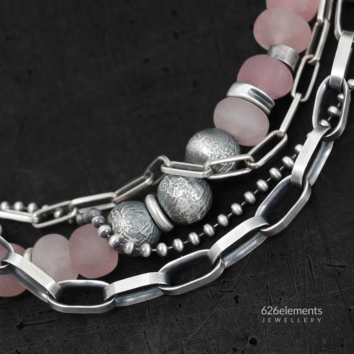 Dusky Pink Rose Quartz & Oxidised 925 Silver Bracelet