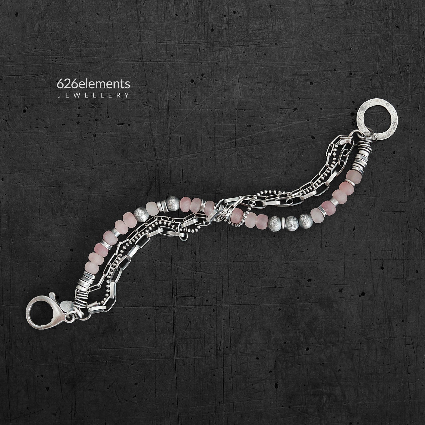 Dusky Pink Rose Quartz & Oxidised 925 Silver Bracelet