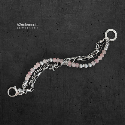 Dusky Pink Rose Quartz & Oxidised 925 Silver Bracelet
