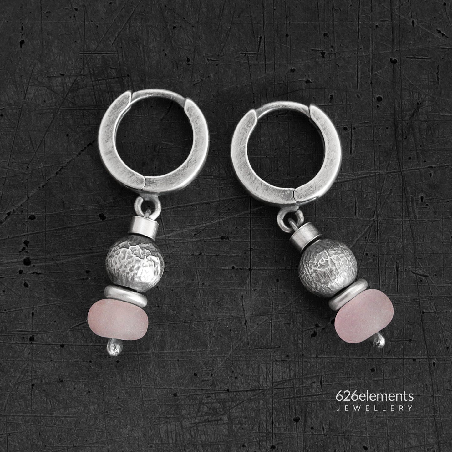 Dusky Pink Rose Quartz & Oxidised 925 Silver Earrings