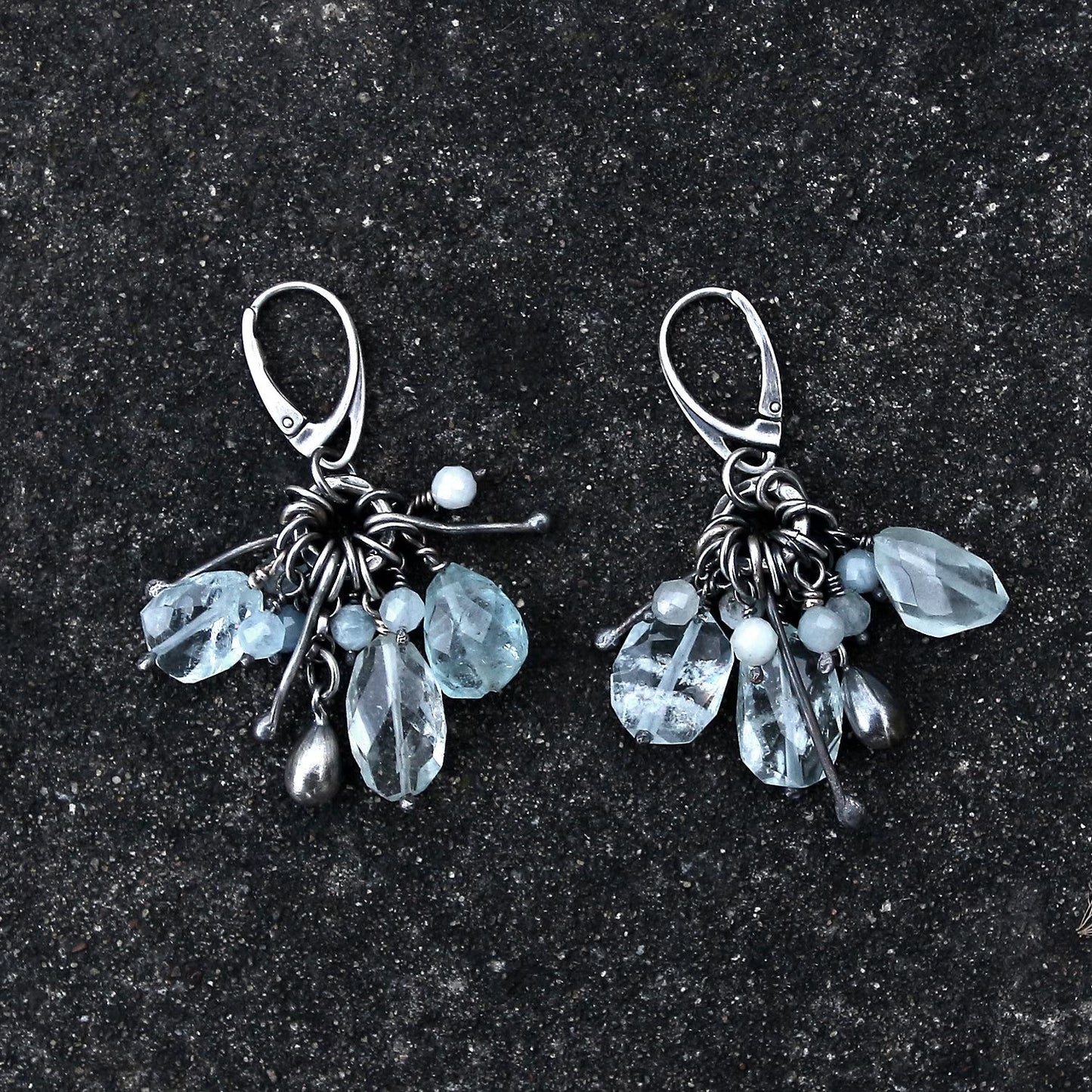 Pale Blue Aquamaine & Oxidised Sterling Silver Dangle Earrings