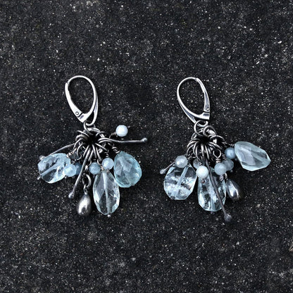 Pale Blue Aquamaine & Oxidised Sterling Silver Dangle Earrings