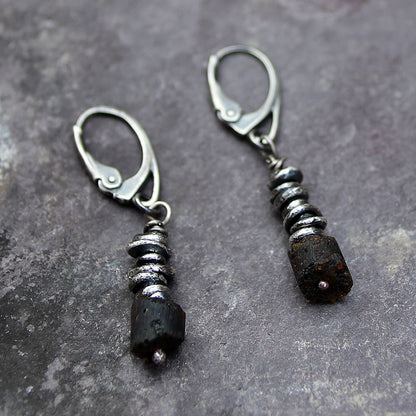 Brown Raw Baltic Amber & Oxidised Fine Silver Dangle Earrings