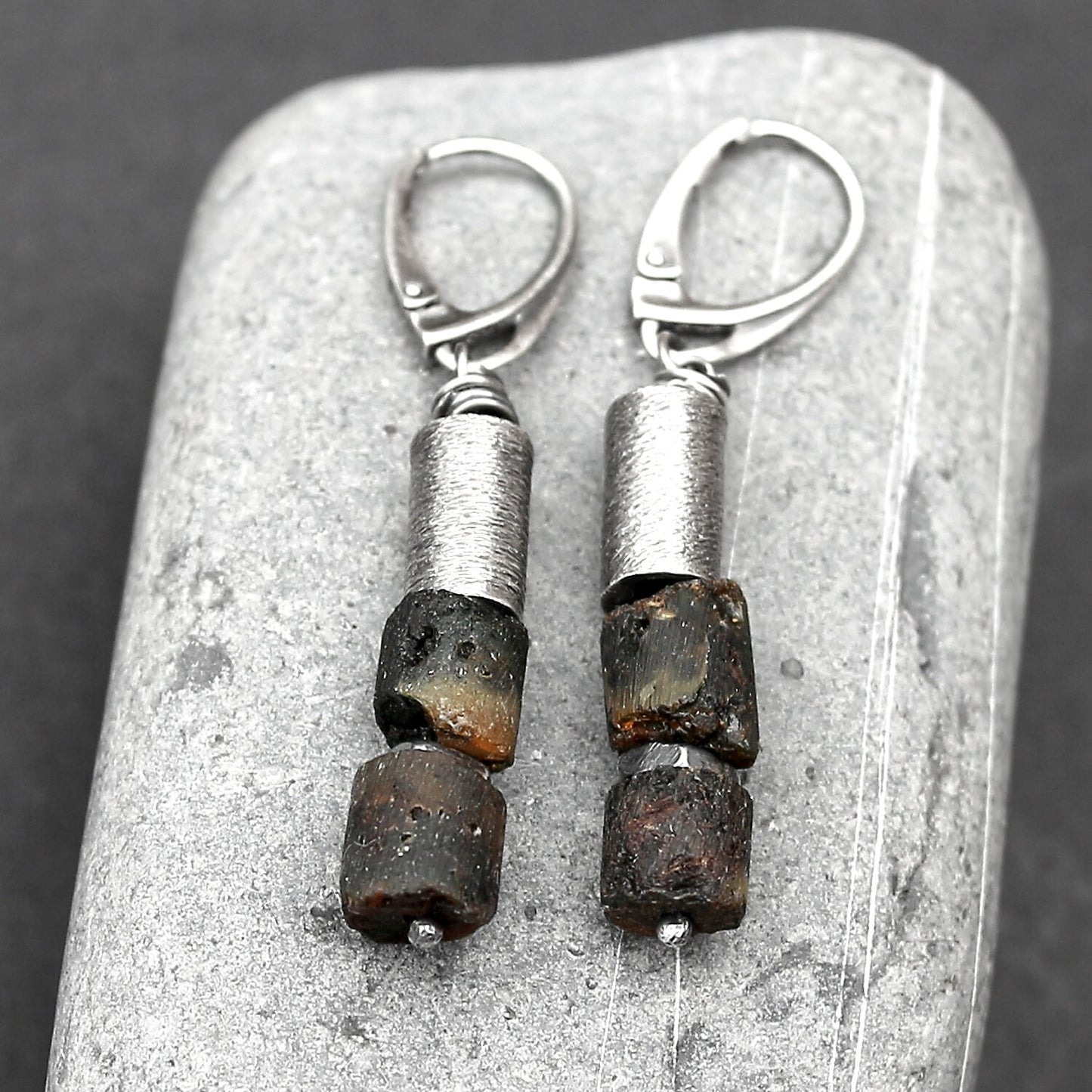 Dark Amber, Sterling Silver & Brushed Tube Dangle Earrings