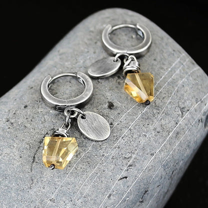 Citrine & 925 Silver Oval Disc Hoop Drop Earrings