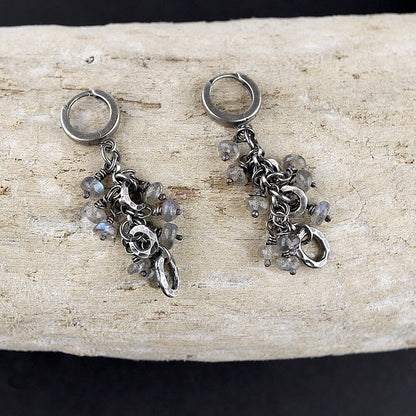 Labradorite & Oxidised Fine Silver Hammered Circles Dangle Earrings