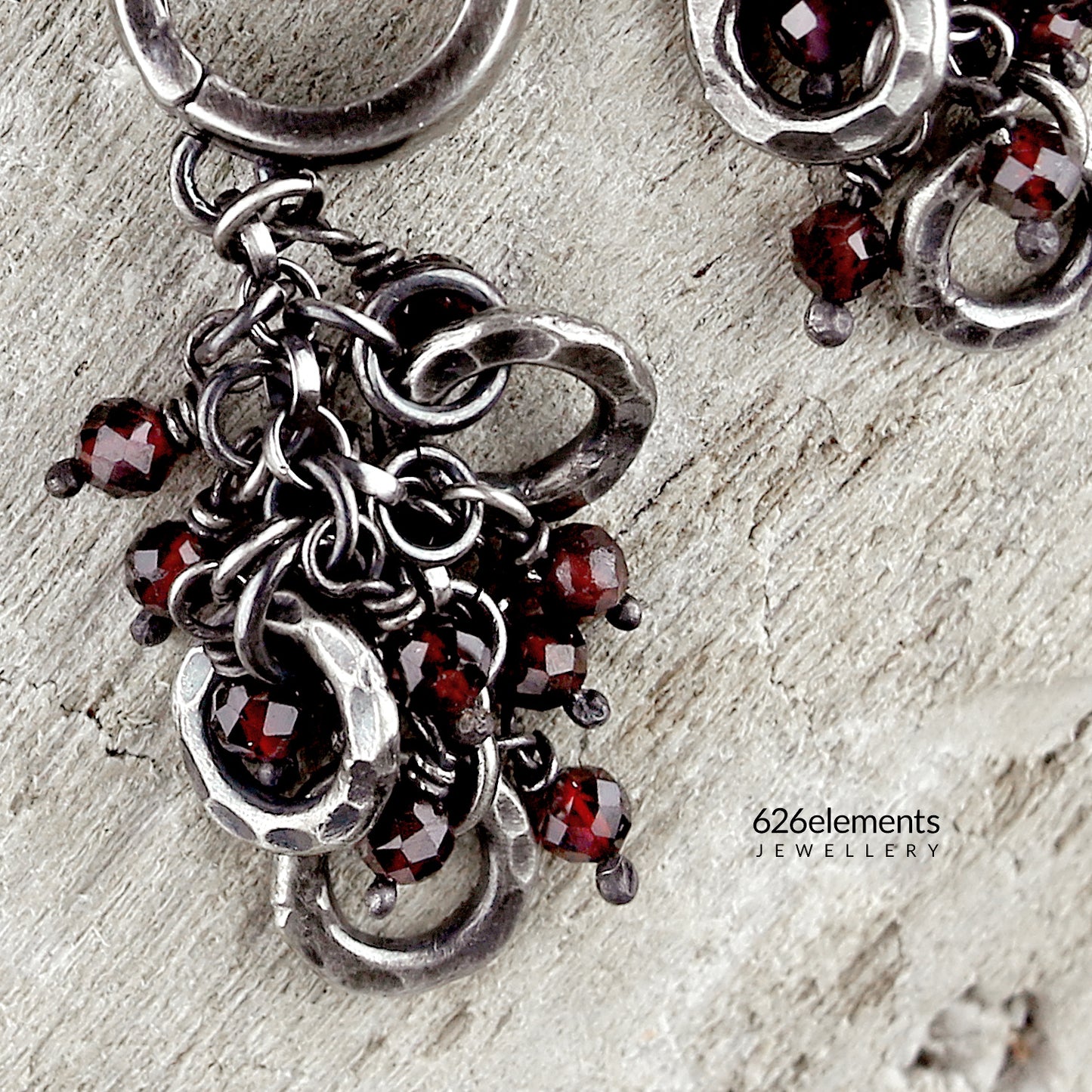 Red Garnet & Blackened Fine Silver Circles Dangle Earrings