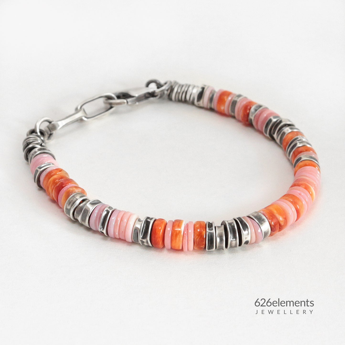 Pink Queen Conch & Orange Spiny Oyster Oxidised 925 Sterling Silver Bracelet