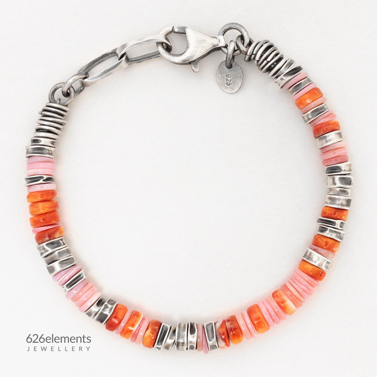 Pink Queen Conch & Orange Spiny Oyster Oxidised 925 Sterling Silver Bracelet