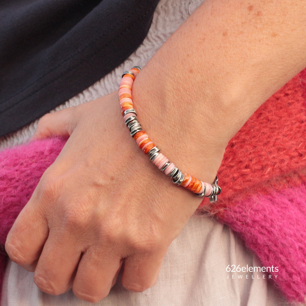 Pink Queen Conch & Orange Spiny Oyster Oxidised 925 Sterling Silver Bracelet